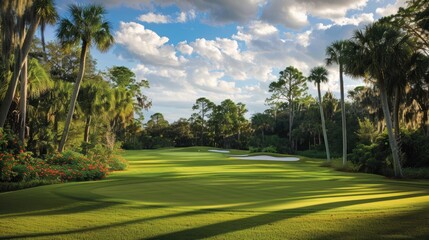 A beautiful, lush golf course surrounded by palm trees under a bright blue sky, creating a peaceful tropical landscape.