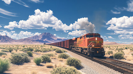 Obraz premium A front view of a train carrying specialized cargo for international trade, traveling through a remote landscape