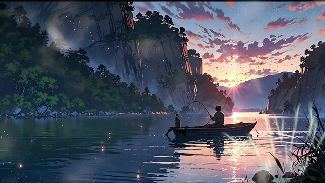 A man on a boat in the middle of a lake at sunset. Seamless 4K looping timelapse video animation background