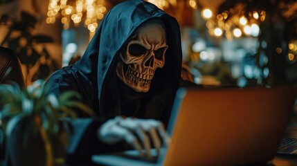 Obraz premium Grim Reaper hacker working on financial fraud online, dangerous masked figure