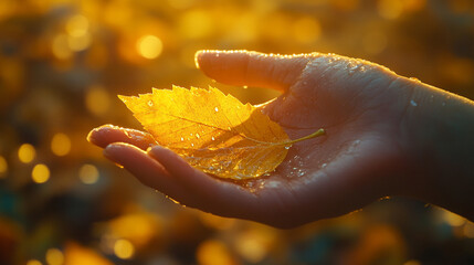 hand releasing a vibrant autumn leaf into the air, symbolizing change, transition, and the passage of time. The image reflects letting go, acceptance, and embracing new beginnings