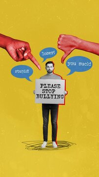Motion video collage of man hold paper askin stop bullying under dislike symbol