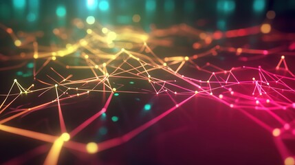 Obraz premium Animated glowing lines and nodes representing data connections in a 3D space, illustrating the dynamic flow of information across a digital network. This design captures the essence of technology, 
