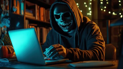 Obraz premium Halloween hacker figure with a mask, working on digital wallet fraud, ominous and dangerous