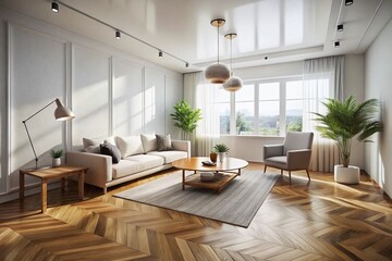 Bird's Eye View of Minimalist Living Room with Parquet Floor and White Walls for Home Decor Inspiration