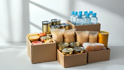 ダンボールに保管された非常食、缶詰、ペットボトルの水、レトルト食品、備蓄、白背景｜Emergency Food, Canned Food, Bottled Water, Retort Food, Stockpile, Stored in Cardboard, White Background