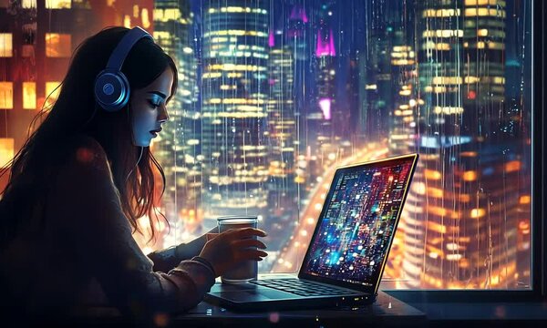 a girl is working in her workspace with her laptop accompanied by coffee and listening to music, anime girl. hand drawn, Japanese, a chill anime lo-fi hip hop vibe. Seamless looping animation