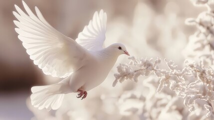Obraz premium Luminous White Dove with Wings Spread in Flight
