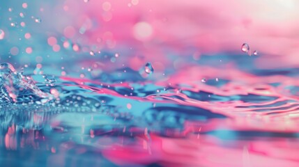 Close-up of water splashing with droplets and colorful reflections in pink and blue, creating an abstract and dreamy bokeh effect.