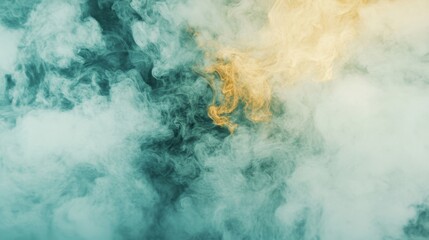 Naklejka premium A swirling blend of teal and golden smoke creates a soft, abstract atmosphere with a sense of mystery and ethereal beauty.