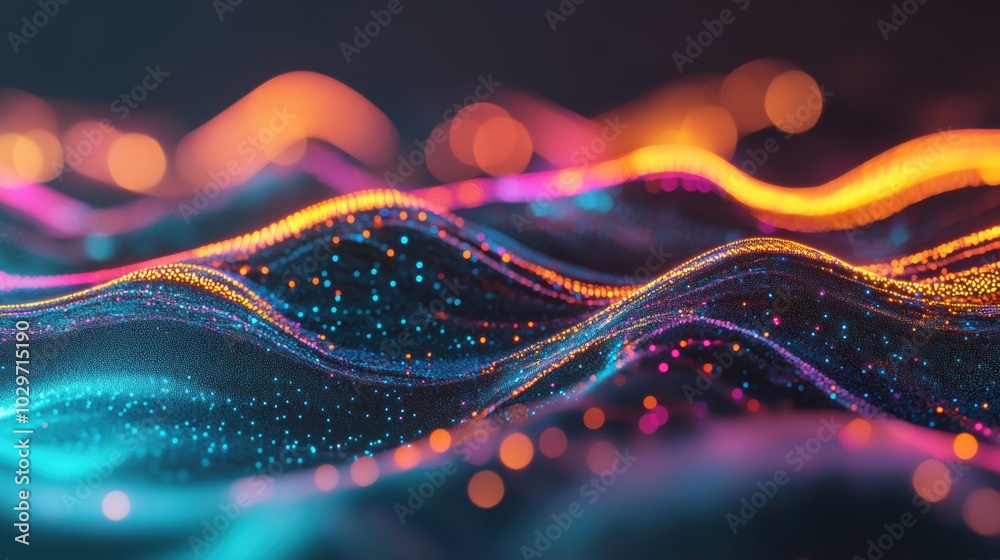 Poster abstract waves of colorful light flowing in a dark space, adorned with glowing particles, creating a