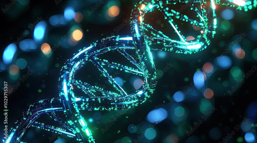 Poster colorful 3d representation of dna helix on a dark background.