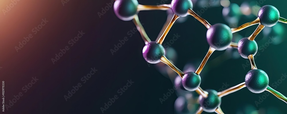 Poster close-up of molecular structure with colorful atoms on a dark background.