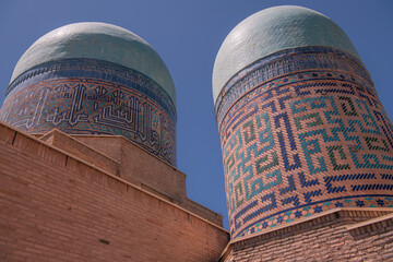 Beautiful turquoise domes of mausoleums of Shahi Zinda, Samarkand, Uzbekistan.
