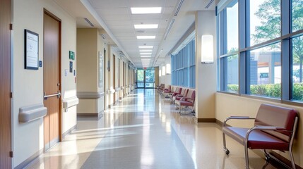 Hospital corridor design with wide walkways, bright lighting, and modern seating areas