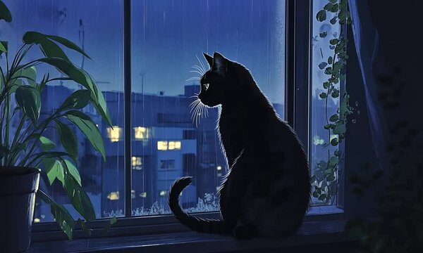 Lofi art, It's a rainy night and a black cat is looking out the window and listening to the rain. purple color, candles, lights, lofi, lo-fi, lofi art, animation. Lofi