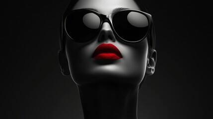 A captivating black and white portrait of a woman wearing sunglasses, with a bold red lipstick as the focal point. This image symbolizes mystery, confidence, and a touch of rebellion. © Sanwa