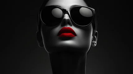 A captivating black and white portrait of a woman wearing sunglasses, with a bold red lipstick as the focal point. This image symbolizes mystery, confidence, and a touch of rebellion. © Sanwa