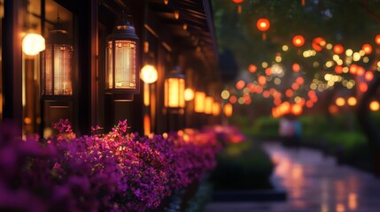 A captivating night scene featuring a traditional courtyard adorned with glowing lanterns, creating a mesmerizing ambiance. The soft light illuminates blooming purple flowers, adding a touch of romanc