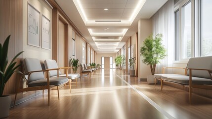 Fototapeta premium Hospital hallway design featuring bright lighting, wide walkways, and modern seating