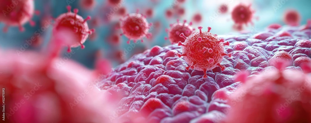 Poster colorful microscopic view of viruses and cells, highlighting intricate details.