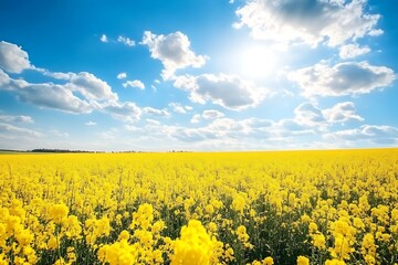 Obraz premium Field of blooming rapeseed under blue sky with white clouds.