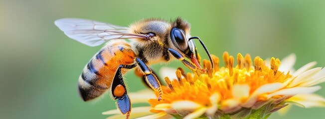 Naklejka premium Bee collecting nectar from vibrant flower, nature scene, close-up.