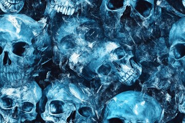 A chilling and intricate pattern of skulls frozen in ice, evoking a sense of  mystery, danger, and the passage of time.  Perfect for Halloween décor, gothic art, or spooky designs.