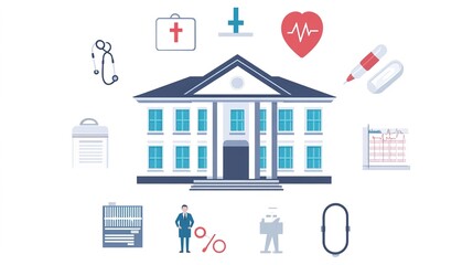 A clean and simple building icon representing a medical organization, featuring key attributes such as a hospital-like structure with a prominent red cross symbol.