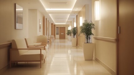 Hospital hallway design with calming lighting, sleek furniture, and modern seating
