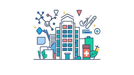 Fototapeta premium A clean and simple building icon representing a medical organization, featuring key attributes such as a hospital-like structure with a prominent red cross symbol.