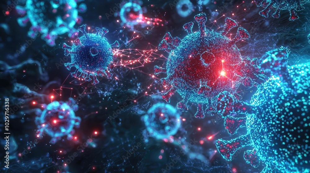 Poster colorful digital rendering of virus molecules in microscopic view, on a dark background.