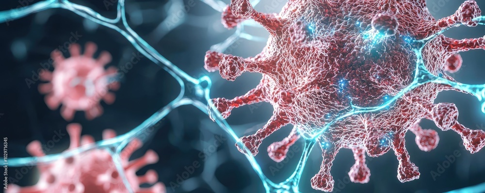 Poster microscopic view of virus cells with intricate details on a dark background.