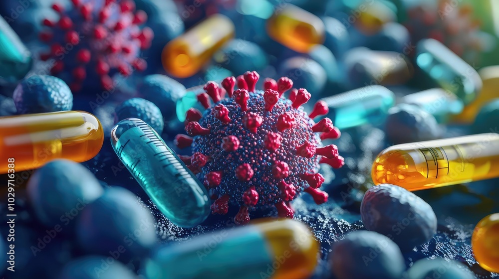 Poster virus and capsules on a textured surface, vibrant colors, macro perspective.