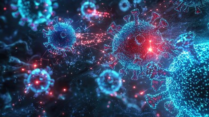 Obraz premium Colorful digital rendering of virus molecules in microscopic view, on a dark background.