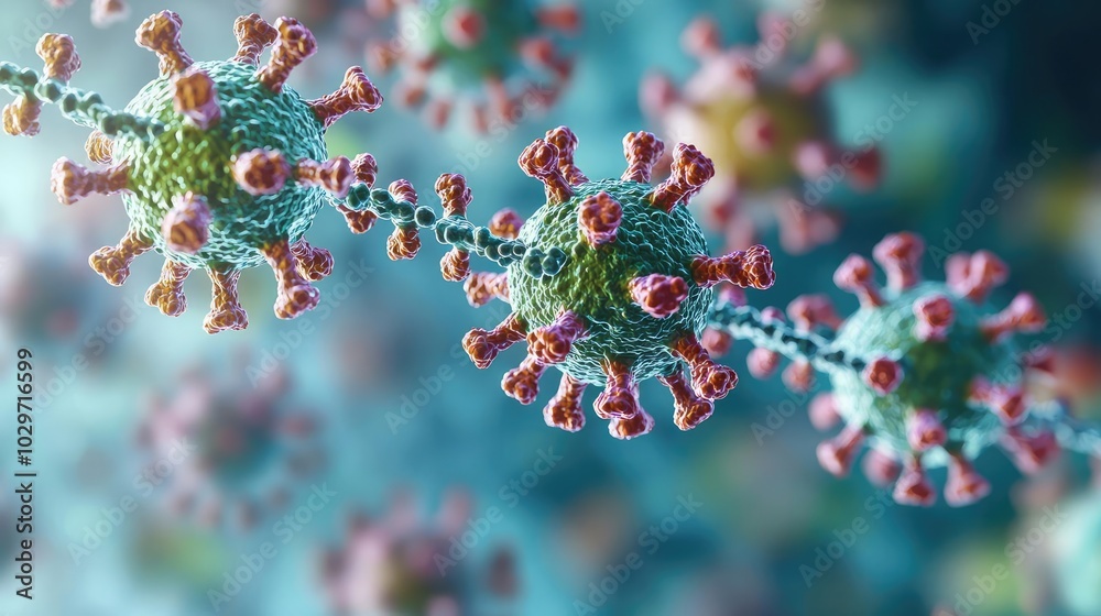 Poster microscopic view of colorful virus structure, scientific background