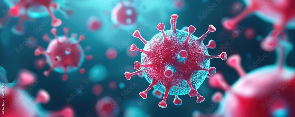 Poster 3d rendering of a virus cell on a colorful background, detailed and vivid.