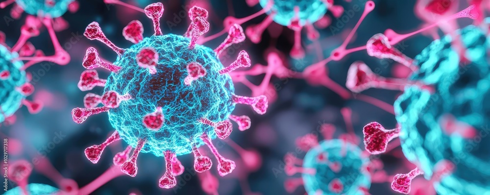 Poster microscopic view of virus with vibrant colors on a dark background