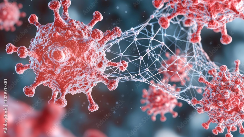 Poster microscopic view of virus cells in vivid detail, showcasing intricate structures.
