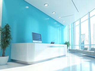 2408 86.A bright and clean hospital reception area featuring a sleek, modern reception desk with a computer placed on top. The wall behind the desk is painted a vibrant blue, creating a calming