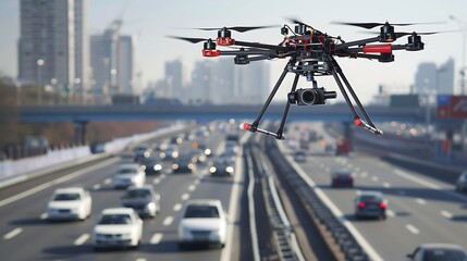Drone with digital camera flying over traffic jam