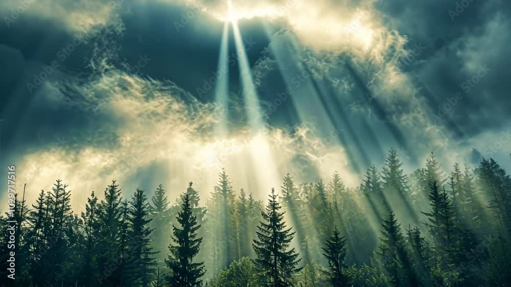 Poster celestial forest: sunbeams pierce through dramatic clouds, illuminating a serene evergreen forest in