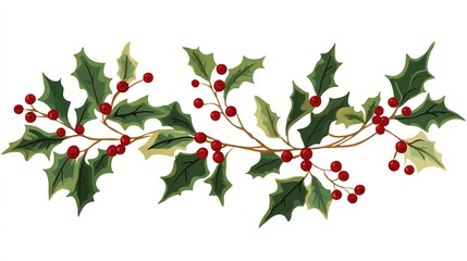 Fototapeta premium Christmas Holly Branch with Vibrant Green Leaves and Red Berries: A Classic Holiday Decoration on a Crisp White Background