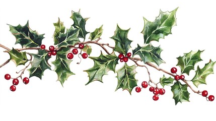 Christmas Holly Branch with Vibrant Green Leaves and Red Berries: A Classic Holiday Decoration on a Crisp White Background