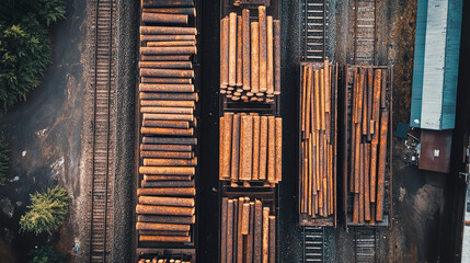 A highangle view of a train transporting timber, with logs neatly stacked on flatbed rail cars