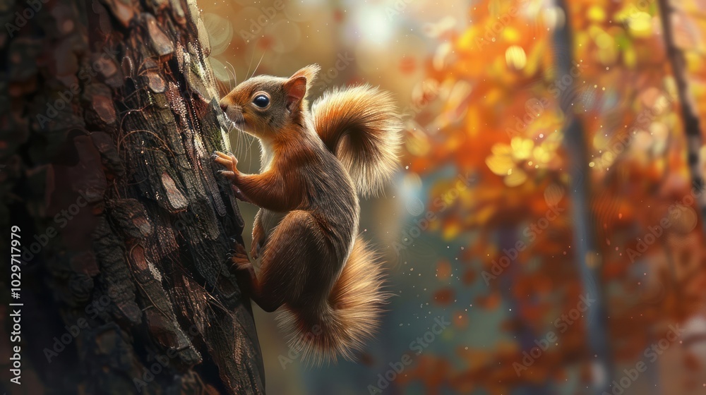 Wall mural Red Squirrel Climbing Tree in Autumn Forest