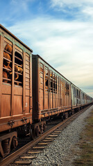 Obraz premium A side view of a livestock transport train, with animals being transported in specialized rail cars