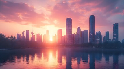 Fototapeta premium Retro-futuristic city skyline, sleek glass towers glimmering against a pink-orange sky, with bold street art at the base narrating the city's pulse.