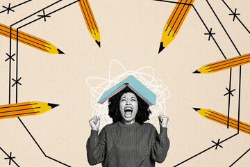 Composite collage picture image of irritated female pencil creative block writer fail exam bizarre...