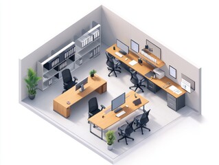 2408 91.A detailed isometric view of a modern office layout, showing an open working area with multiple desks, computers, and ergonomic chairs. Adjacent to the working area is the managerâ€™s office,